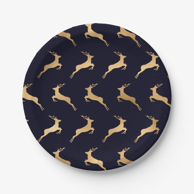 Midnight Navy Gold Deer Pattern Paper Plate (Front)