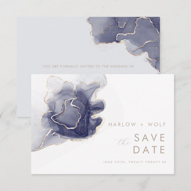 Midnight Navy Gold Elegant Modern Save the Date (Front/Back)