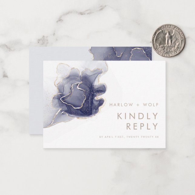 Midnight Navy Gold Elegant Modern Wedding RSVP Card (Front/Back In Situ)