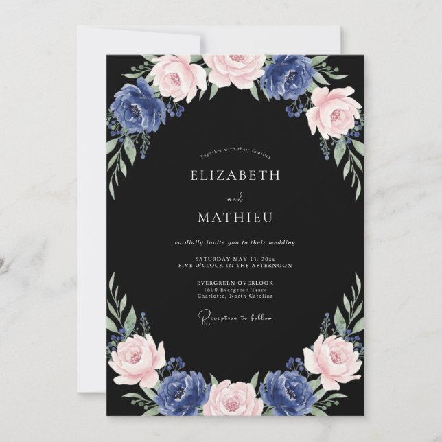 Midnight Navy Peony Wedding Invitation (Front)
