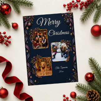 Midnight Navy & Plum Christmas Family Photo Collag Holiday Card