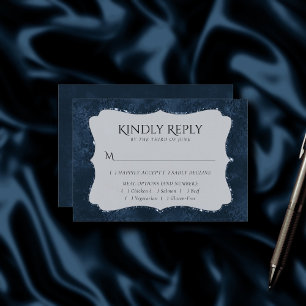 Midnight Navy Romance   Blue Satiny Damask Entree RSVP Card