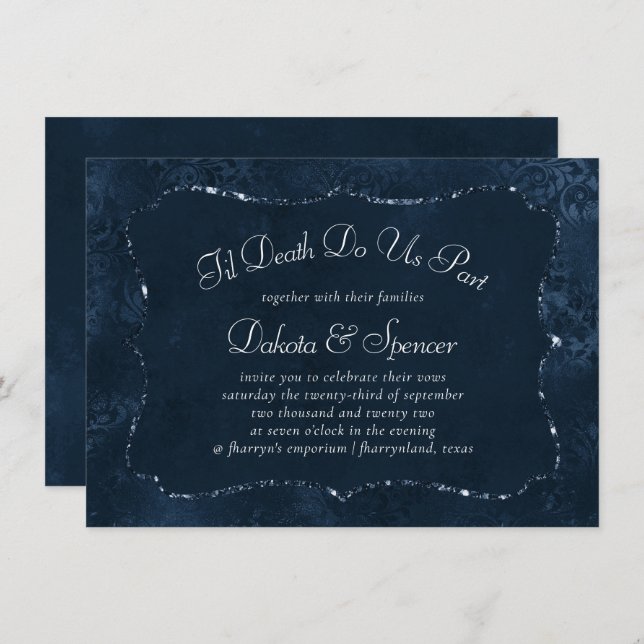 Midnight Navy Romance | Blue Satiny Grunge Damask Invitation (Front/Back)