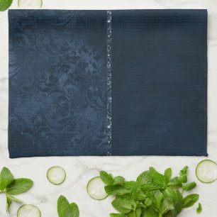 Midnight Navy Romance Blue Satiny Grunge Damask Tea Towel