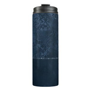 Midnight Navy Romance   Blue Satiny Grunge Damask Thermal Tumbler