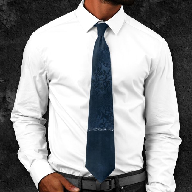 Midnight Navy Romance | Blue Satiny Grunge Damask Tie (Creator Uploaded)
