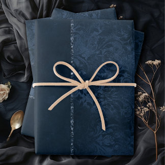 Midnight Navy Romance | Blue Satiny Grunge Damask Wrapping Paper Sheet