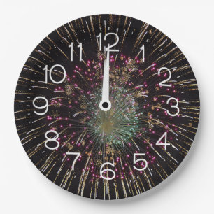 Midnight New Years Eve Clock On Fireworks  Paper Plate