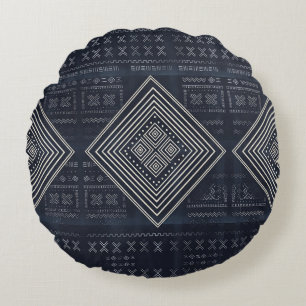Midnight Nomad Diamond - Indigo Mudcloth Art Round Cushion