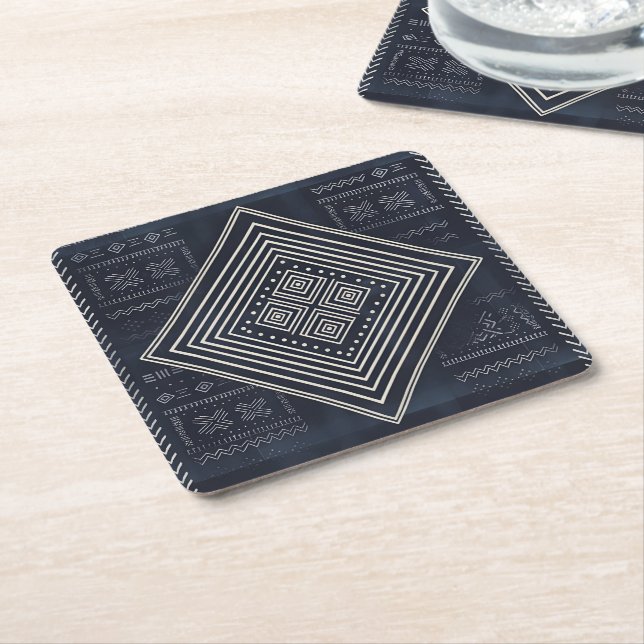 Midnight Nomad Diamond – Indigo Mudcloth Art Square Paper Coaster (Angled)