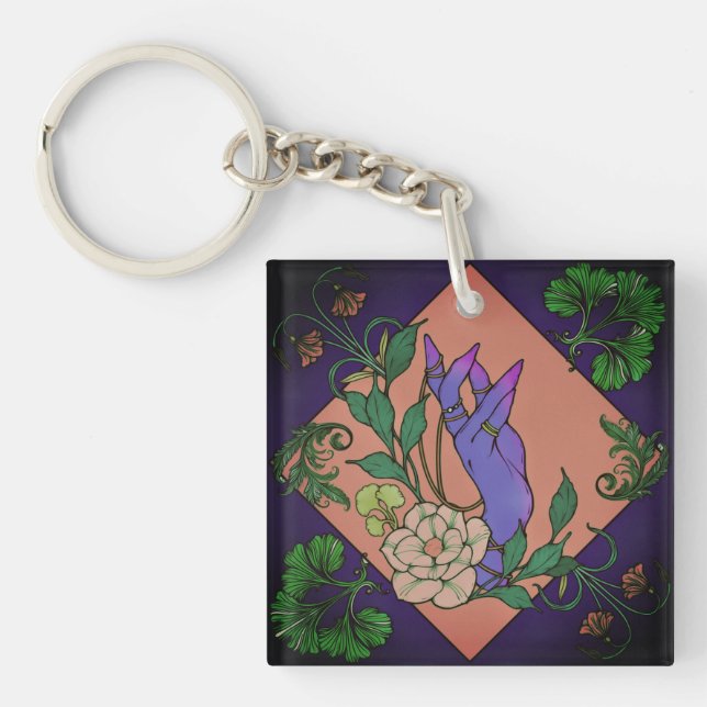 “Midnight Offering” – Botanical Hand & Bloom  Key Ring (Front)