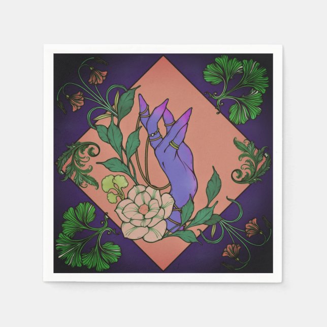 “Midnight Offering” – Botanical Hand & Bloom  Napkin (Front)