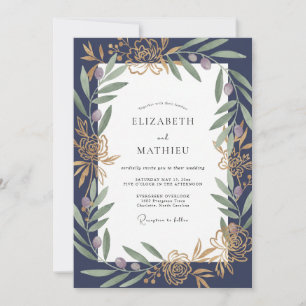 Midnight Olive Branch Eucalyptus Wedding Invitation