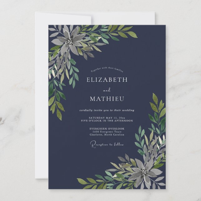 Midnight Olive Leaf Wedding Invitation (Front)