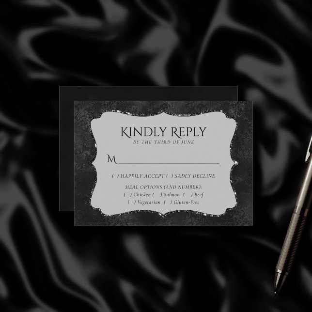 Midnight Onyx Romance | Black Satiny Damask Entree RSVP Card (Creator Uploaded)