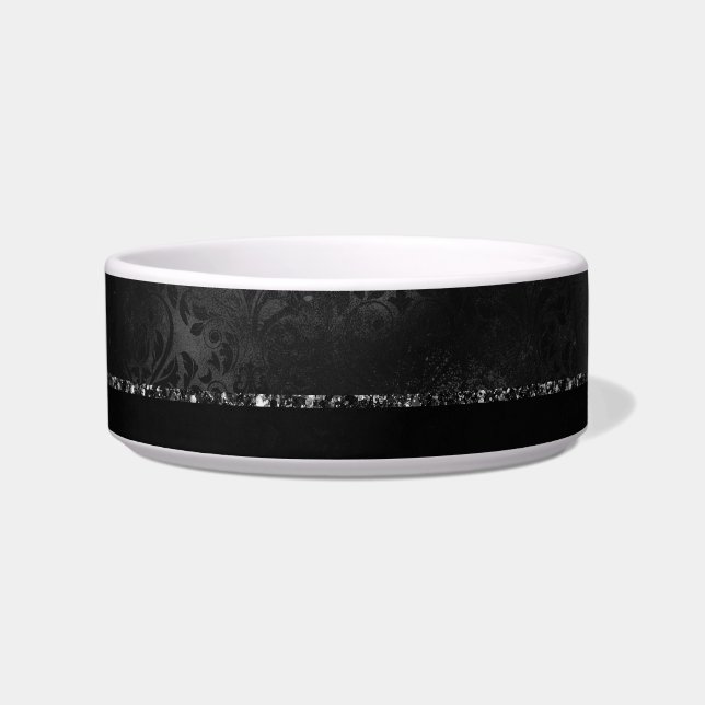 Midnight Onyx Romance | Black Satiny Grunge Damask Bowl (Front)