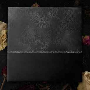 Midnight Onyx Romance   Black Satiny Grunge Damask Ceramic Tile