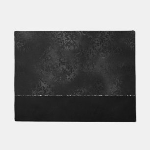Midnight Onyx Romance Black Satiny Grunge Damask Doormat