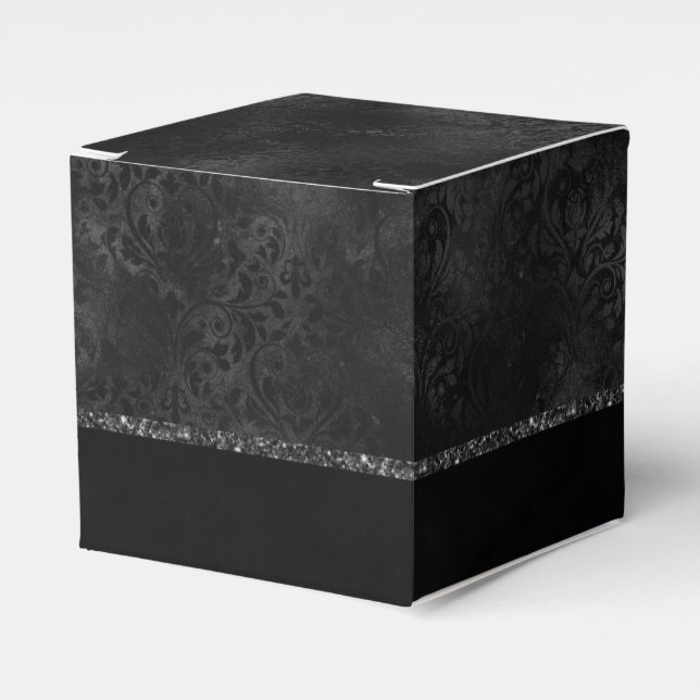 Midnight Onyx Romance | Black Satiny Grunge Damask Favour Box (Front Side)