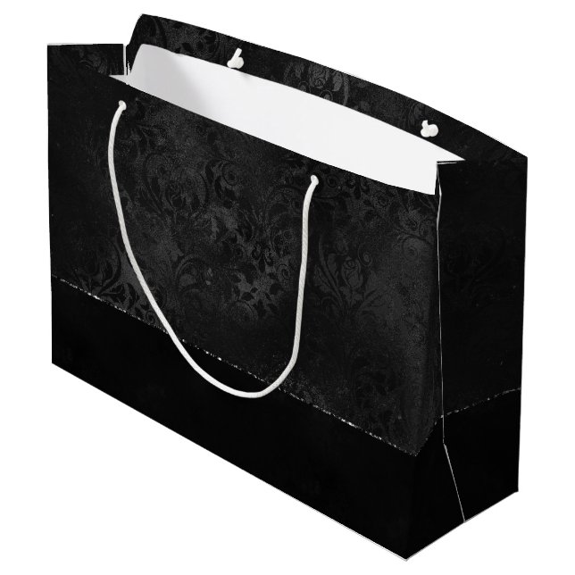Midnight Onyx Romance | Black Satiny Grunge Damask Large Gift Bag (Back Angled)