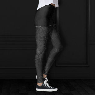 Midnight Onyx Romance   Black Satiny Grunge Damask Leggings