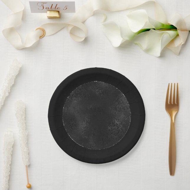 Midnight Onyx Romance | Black Satiny Grunge Damask Paper Plate (Wedding)