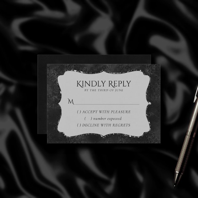 Midnight Onyx Romance | Black Satiny Grunge Damask RSVP Card (Creator Uploaded)