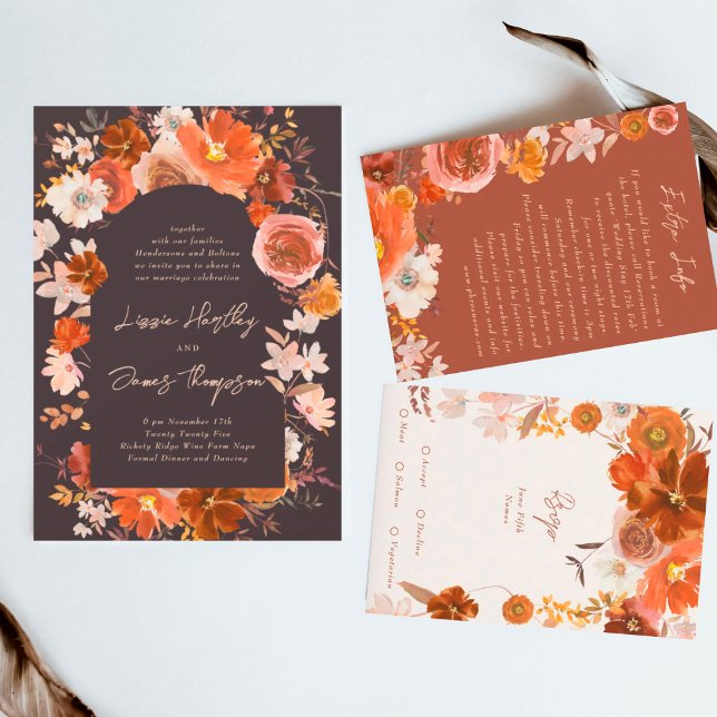 Midnight Orange Botanical Watercolor Wedding Invitation (Invitation showcasing suite - additional items (bought separately))