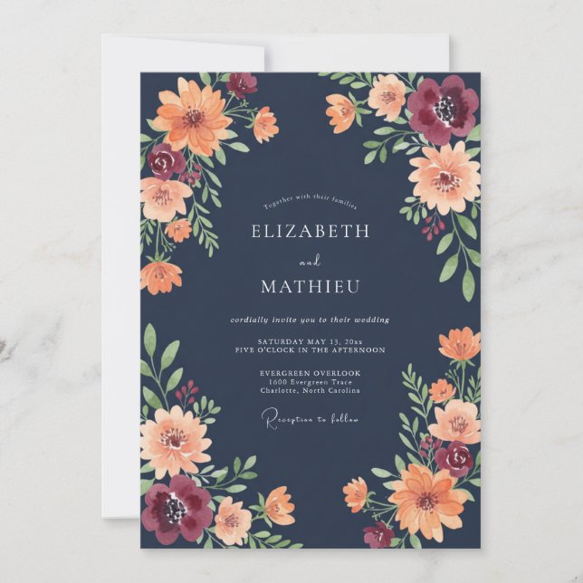 Midnight Orange Wildflower Wedding Invitation (Front)