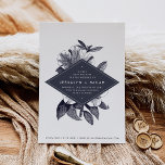 Midnight Orchid Save the Date Card<br><div class="desc">Moody and intriguing with a modern, minimal look, our Midnight Orchid save the date card features a simple yet striking colour palette of deepest midnight blue and crisp white. Your wedding details are displayed in modern white lettering on an elongated diamond shaped element set atop a detailed vintage floral illustration....</div>