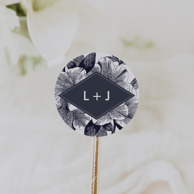 Midnight Orchid Wedding Monogram Classic Round Sticker (Creator Uploaded)