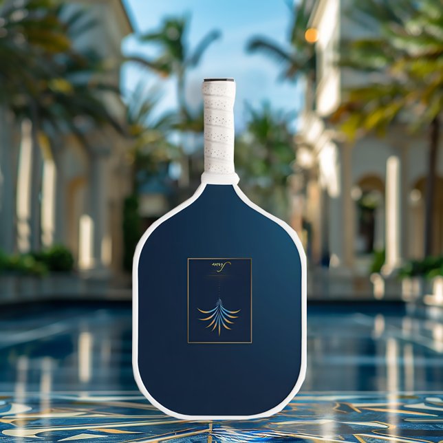Midnight Palm Collection Luxury Navy Blue Logo Pickleball Paddle (Elegant Monogrammed Navy Blue Tropical Pickleball Paddle)