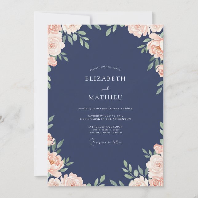 Midnight Peach Foliage Soft Eucalyptus Wedding Invitation (Front)