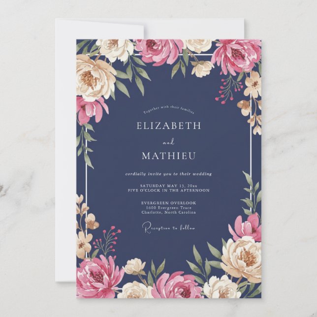Midnight Peach Ranunculus Eucalyptus Wedding Invitation (Front)
