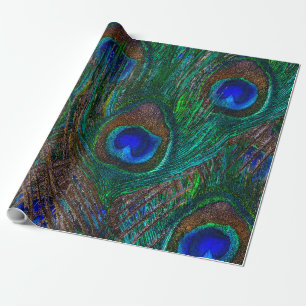 Midnight Peacock Feathers Etching Style Decor Wrapping Paper