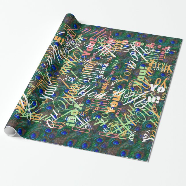 Midnight Peacock Feathers Etching Style Decor Wrapping Paper (Unrolled)