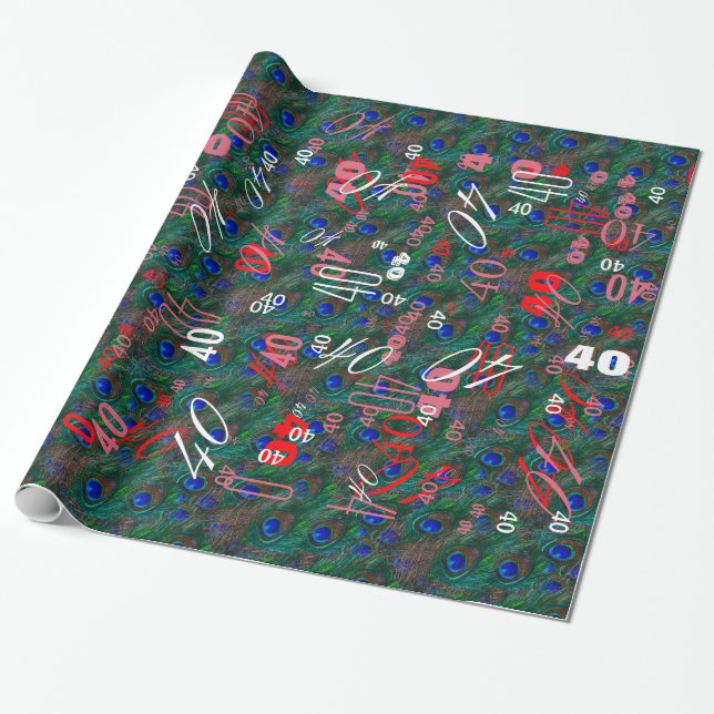 Midnight Peacock Feathers Etching Style Decor Wrapping Paper (Unrolled)