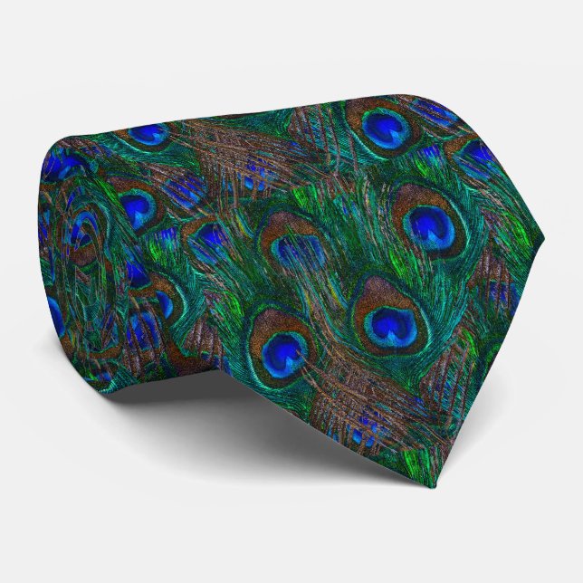 Midnight Peacock Feathers Etching Style Tie (Rolled)