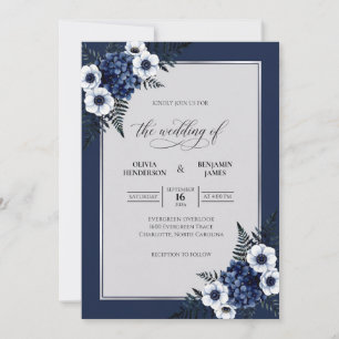 Midnight Pearl White Anemone Wedding Invitation
