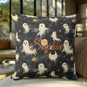 Midnight Phantoms Halloween Golden Moons and Stars Cushion