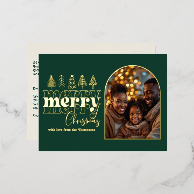 Midnight Pine & Cream White Christmas Photo Foil Holiday Postcard (Front/Back)