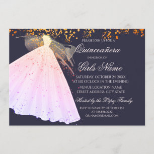 Midnight & Pink Gown Sparkle Heels Quinceañera Invitation
