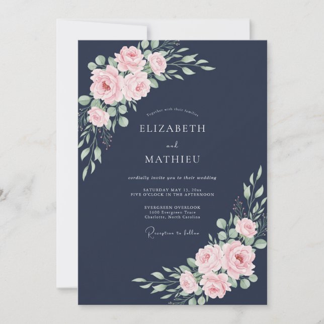 Midnight Pink Leafy Wedding Invitation (Front)
