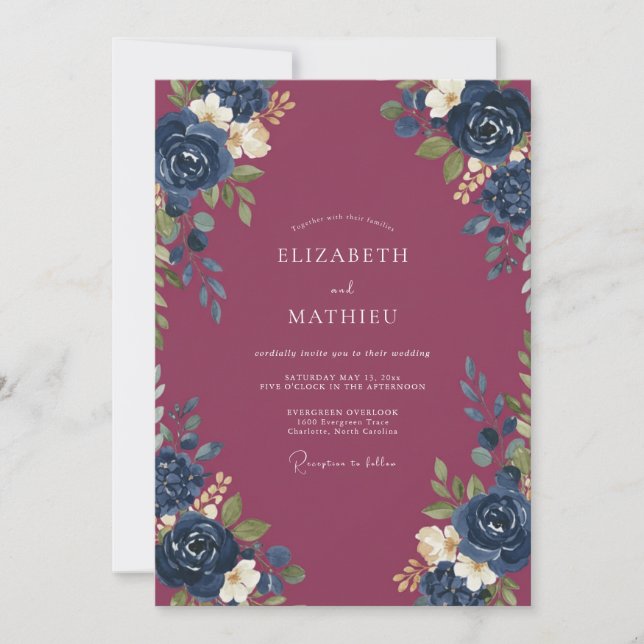 Midnight Plum Peony Wedding Invitation (Front)
