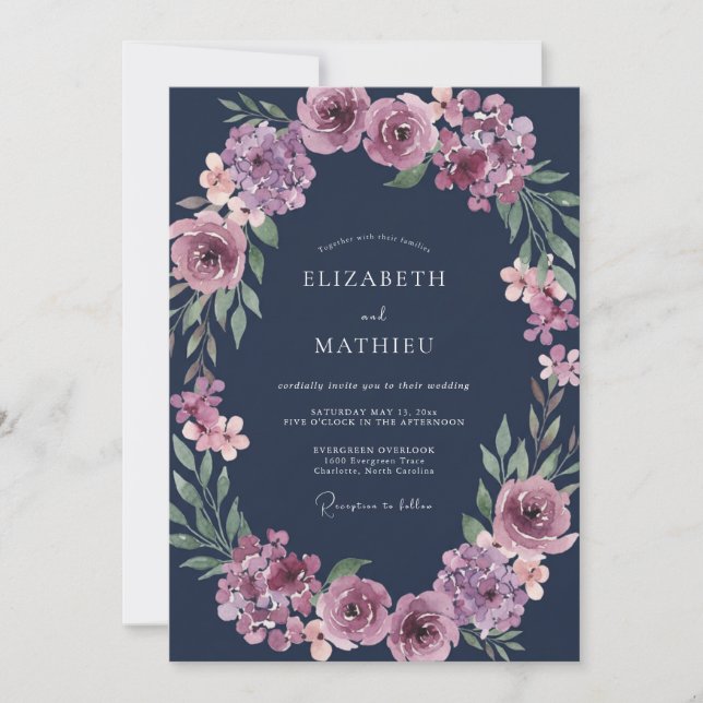 Midnight Plum Ranunculus Eucalyptus Wedding Invitation (Front)