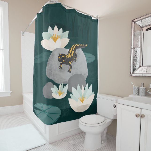 Midnight Pond Fire Salamander Shower Curtain (In Situ)
