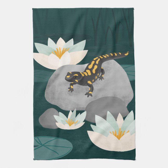 Midnight Pond Fire Salamander Tea Towel (Vertical)