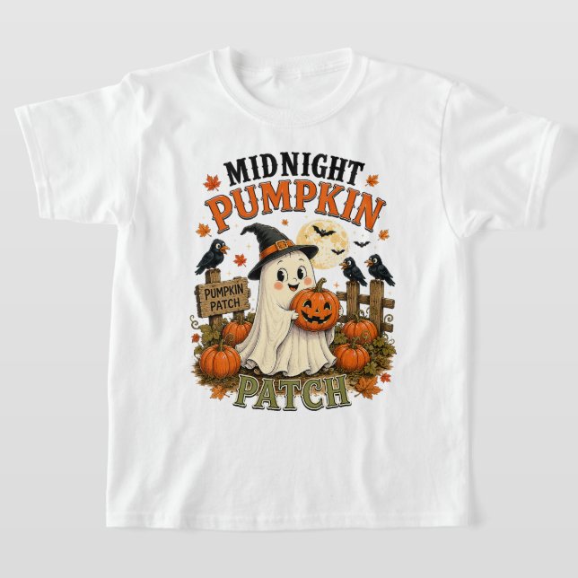 Midnight Pumpkin Patch Ghost Halloween T-Shirt (Laydown)