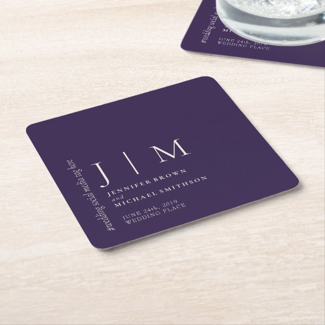 Midnight Purple Modern Wedding Monogram Square Paper Coaster (Angled)
