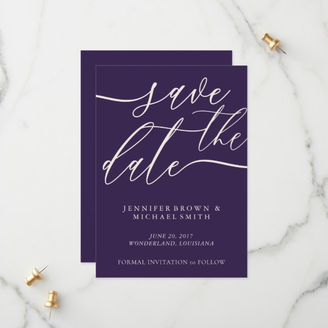 Midnight Purple Save The Date Calligraphy (Front/Back In Situ)